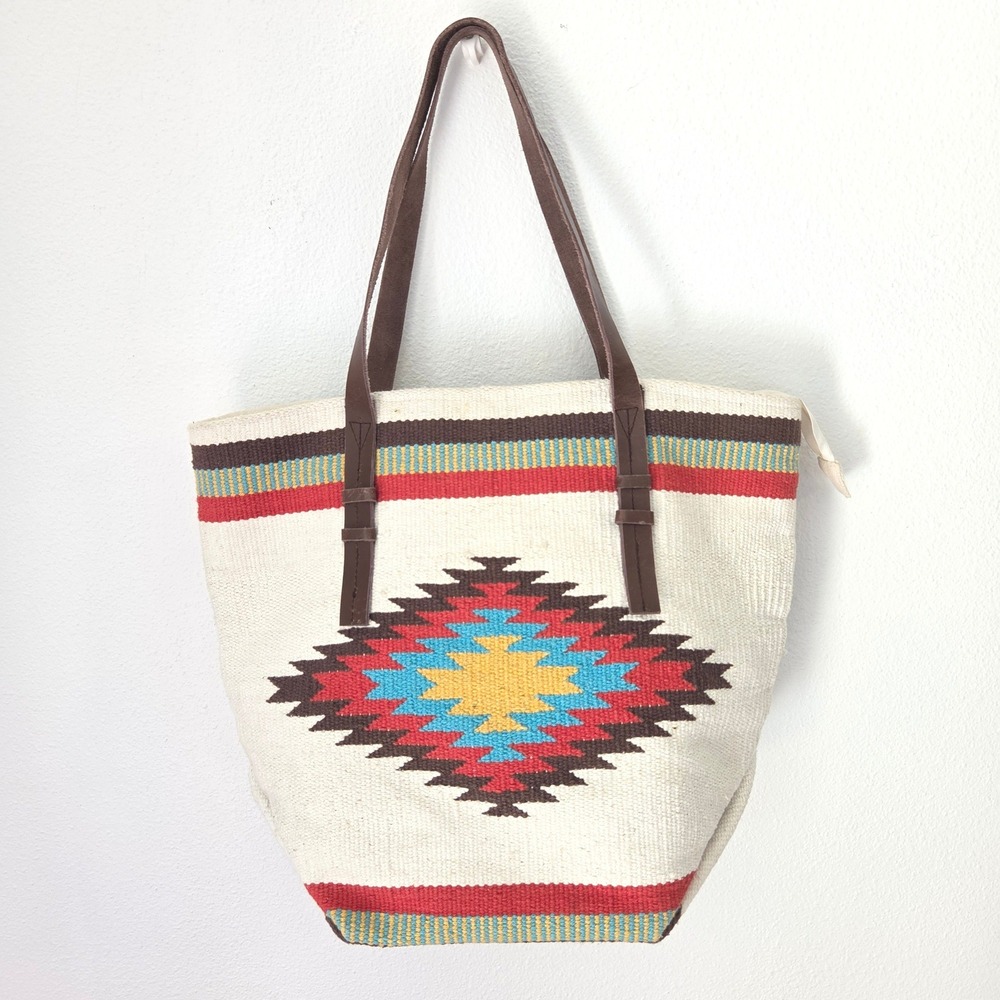 Prüne Woven Southwestern Geometric Tote Bag Cream Red Leather Straps Large